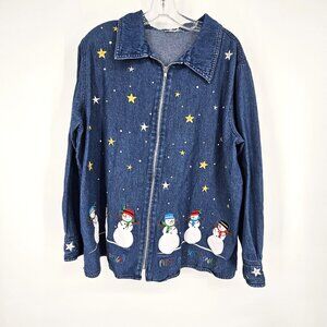 Quacker Factory Snowman Denim Jean Jacket 1X Zip Christmas Embroidered Holiday